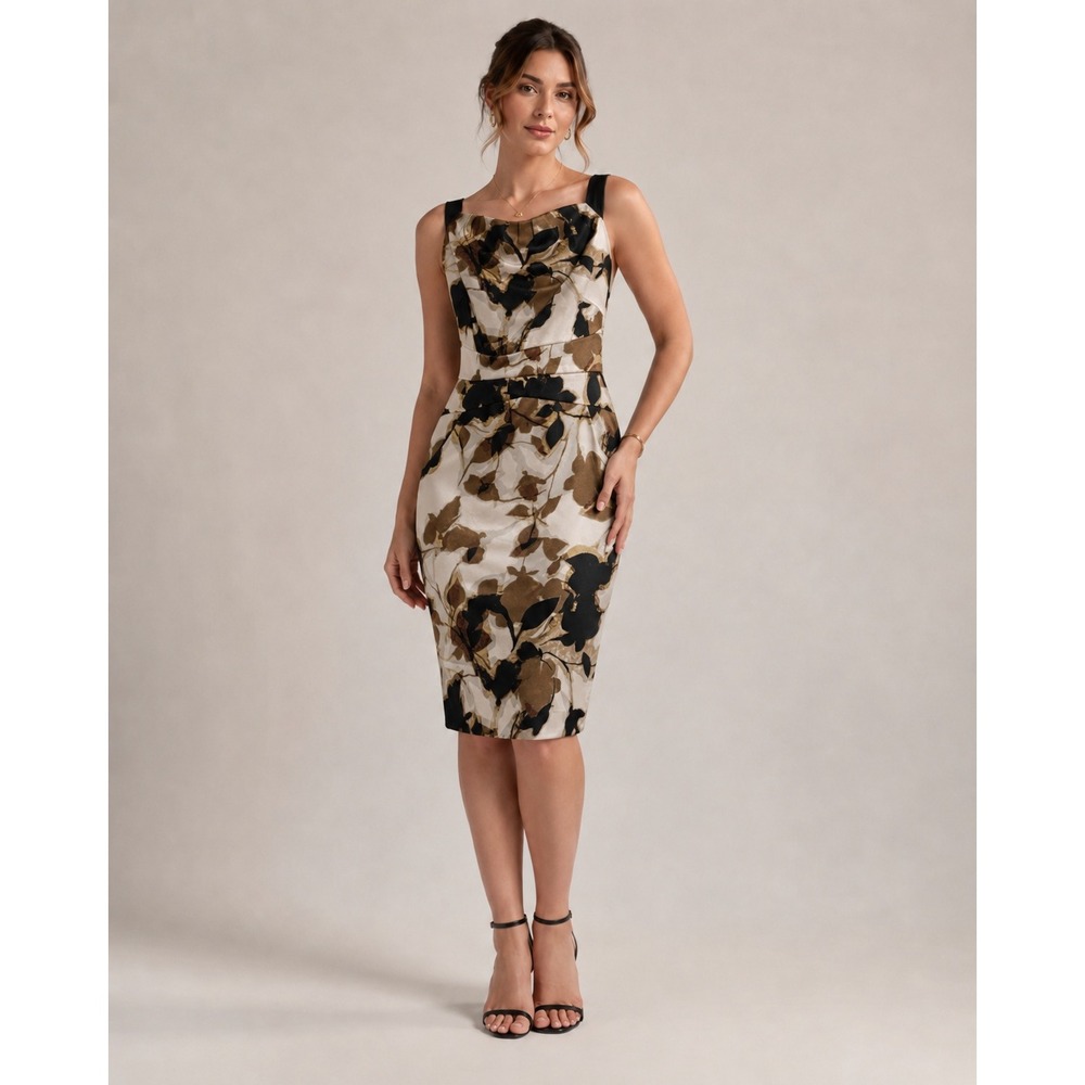 Nine & Co‎ Women Floral Sheath Dress 12 Black Bronze Cowl Neck Pockets NWT